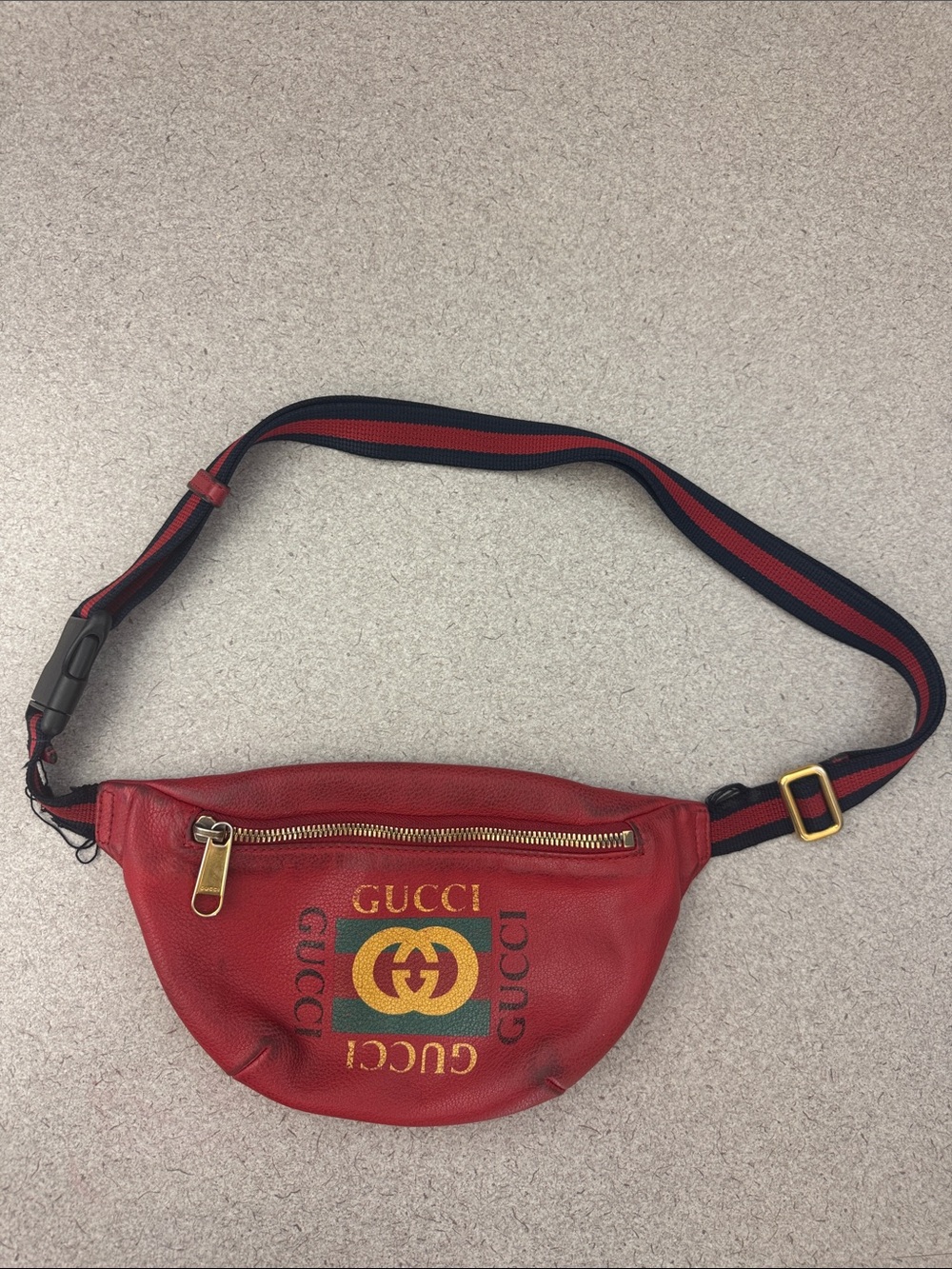 Gucci Red Leather Logo Belt Bag with Navy-Red Web Strap